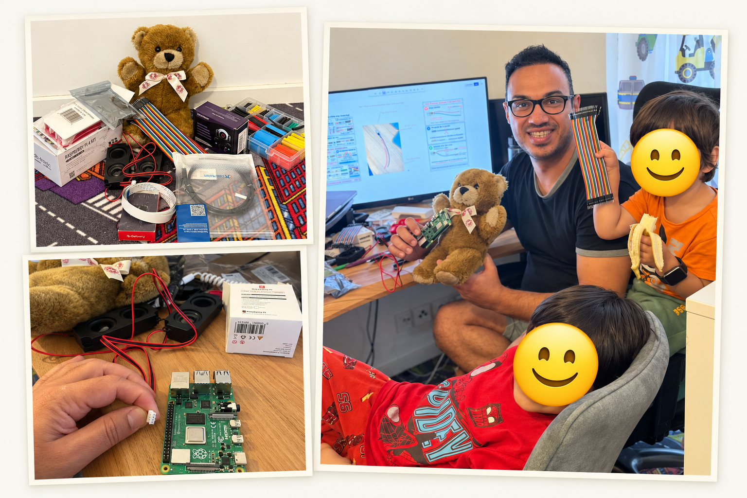 Our talking teddy project: electronics, the bear, and me with my children. Both children’s faces are fully covered by smiling emojis.